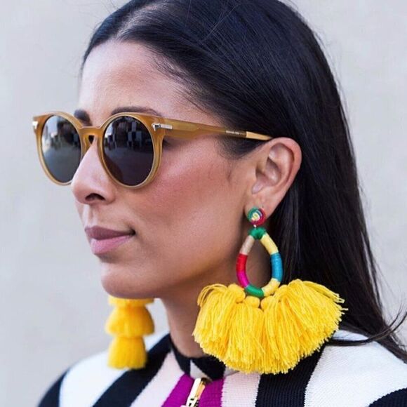 NWT Mochi Festival Statement Tassel Woven Yellow Boho Fringe Crochet Earrings - Picture 12 of 12